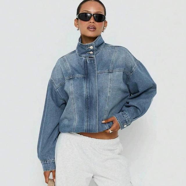 vintage washed denim stand collar cropped jacket