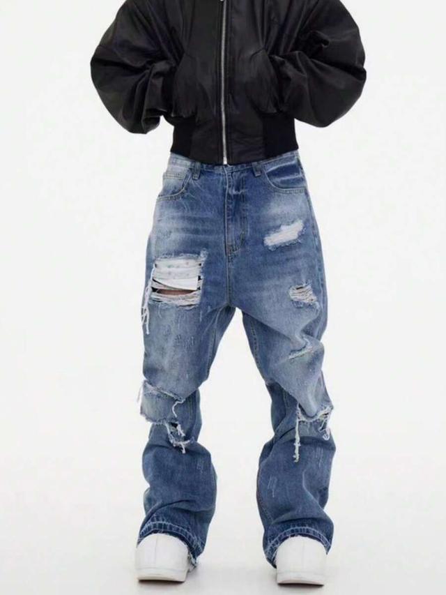 men's distressed washed high street slim fit flare jeans