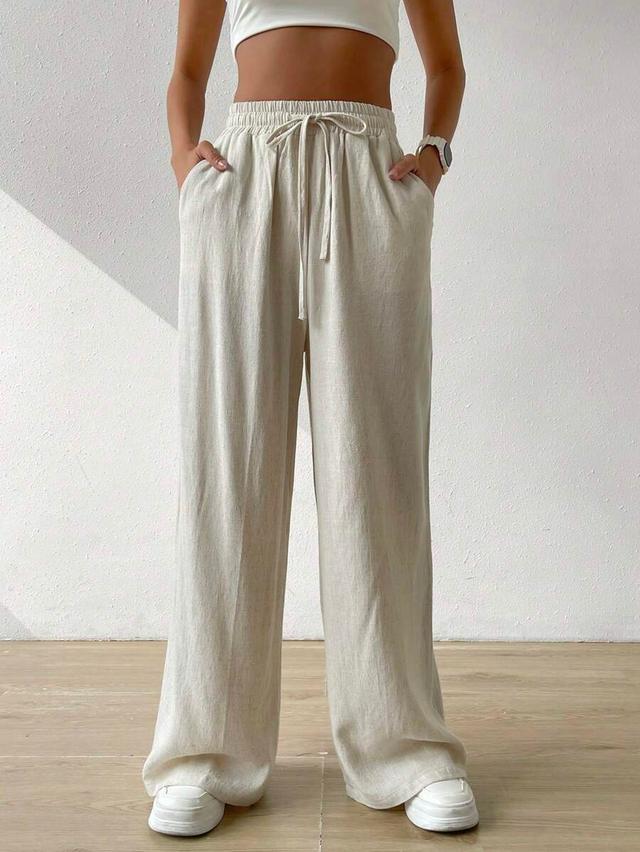 beige high waist drawstring linen wide leg pants