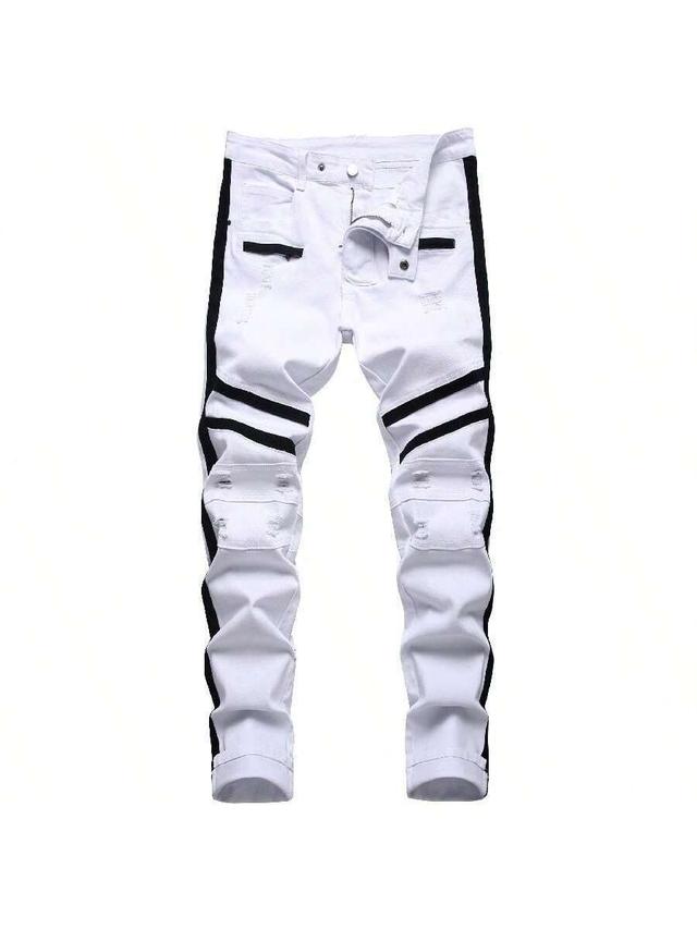 men's white slim fit biker jeans with black side stripes