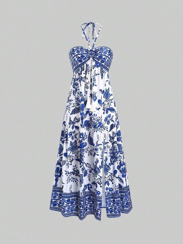 bohemian blue and white floral print maxi sundress