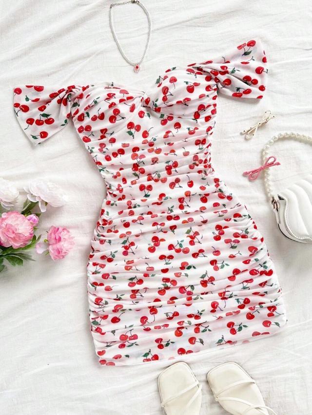 cherry print off shoulder ruched mesh bodycon dress