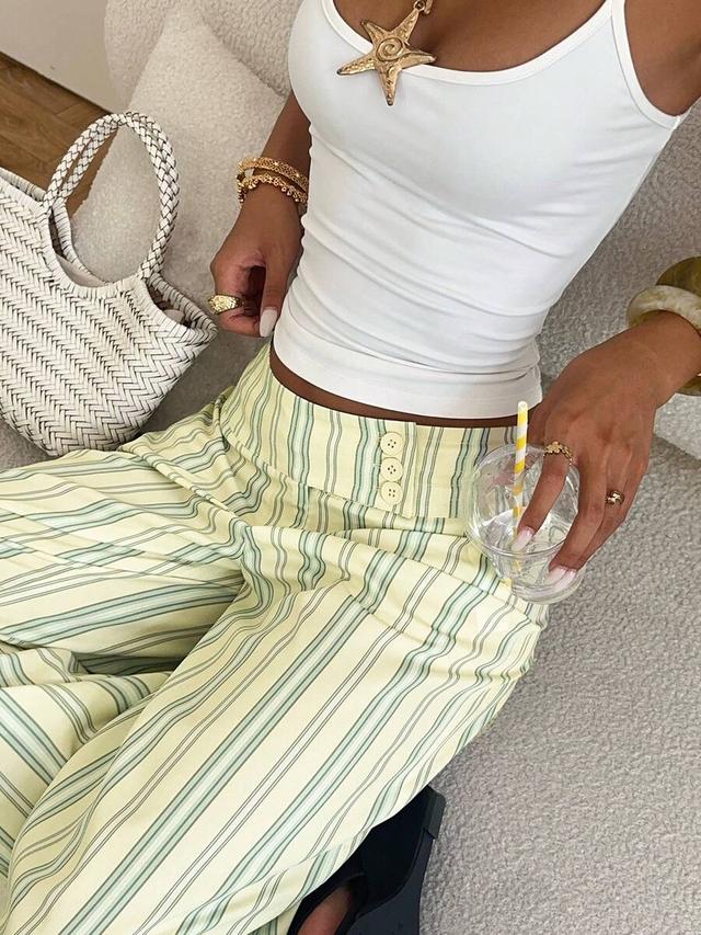 soft yellow striped wide leg casual trousers