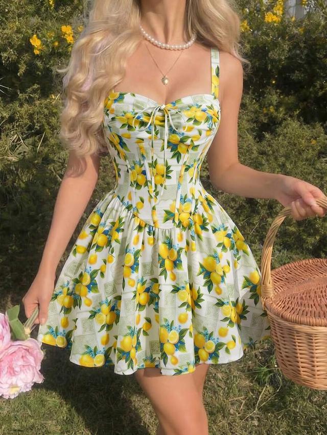 lemon print ruched bust corset flared dress