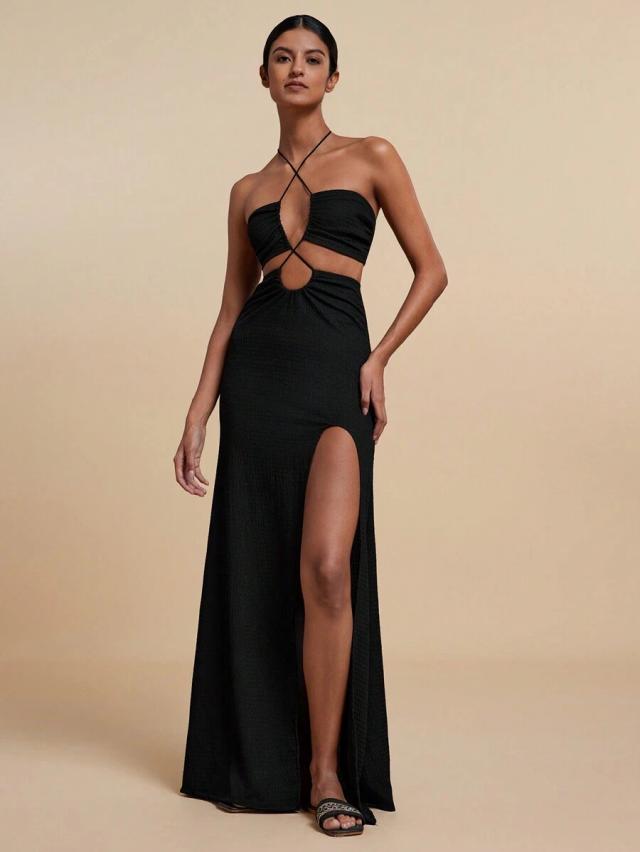 black textured halter cut-out maxi dress