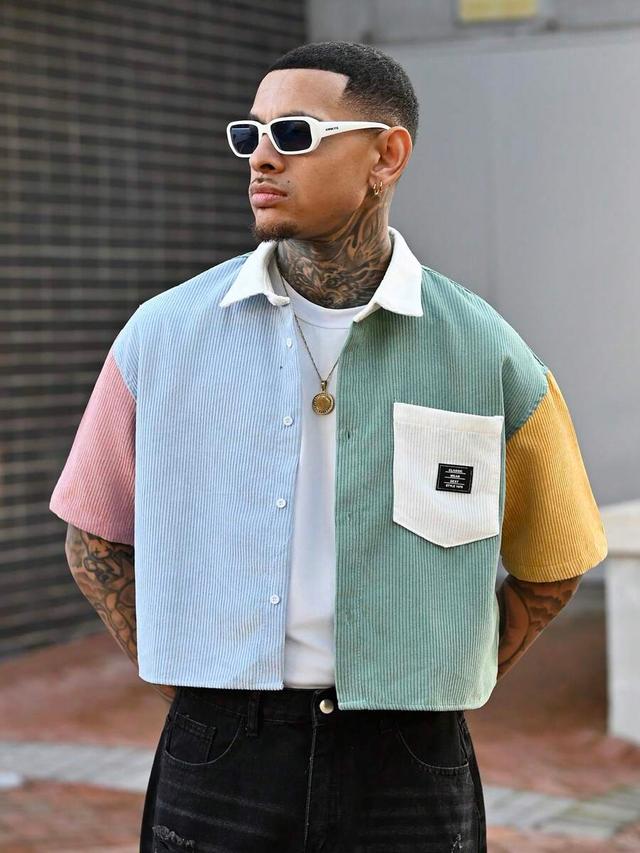 multicolor corduroy colorblock loose fit short sleeve shirt