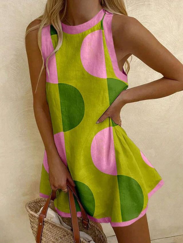 pink and green geometric print linen shift dress