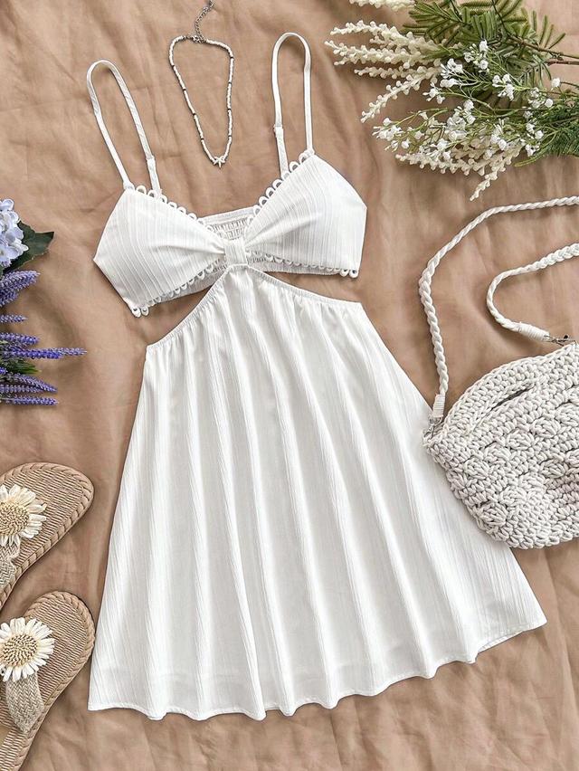 white ribbed cut-out mini dress with scalloped trim