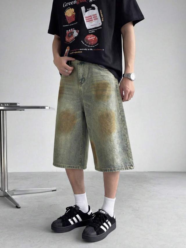 men retro washed distressed ink spray denim shorts