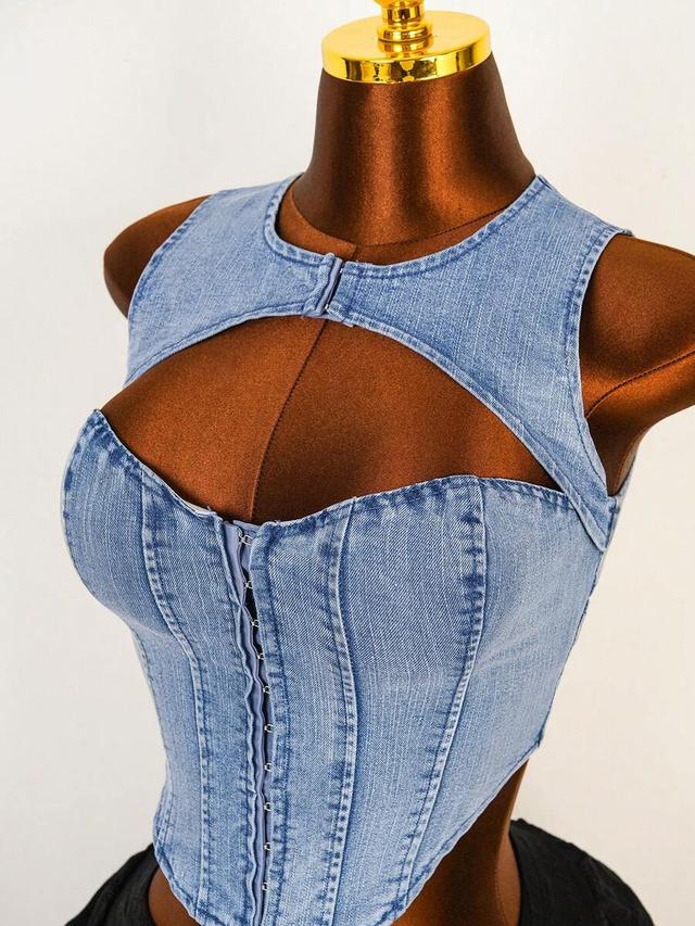 light blue denim corset camisole with cutout detail