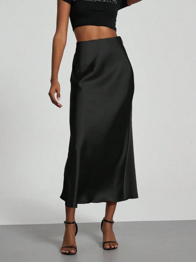 black elastic waist satin midi skirt