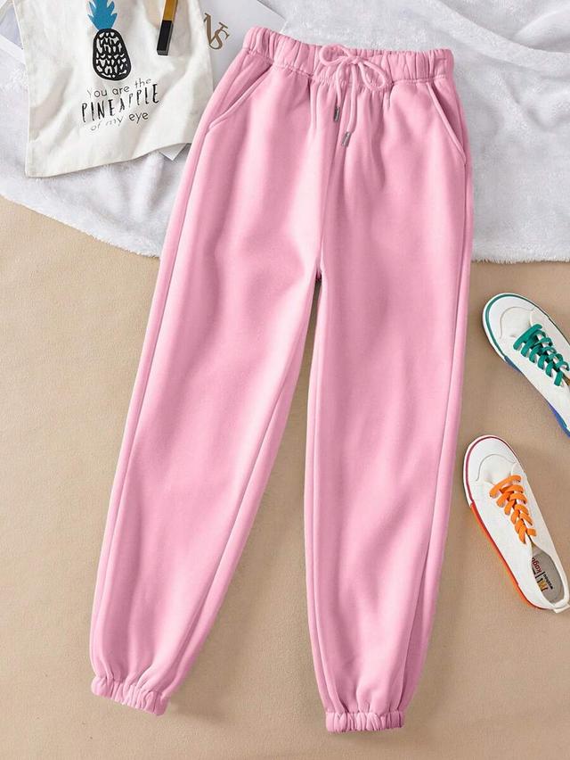 pink solid drawstring waist casual sweatpants