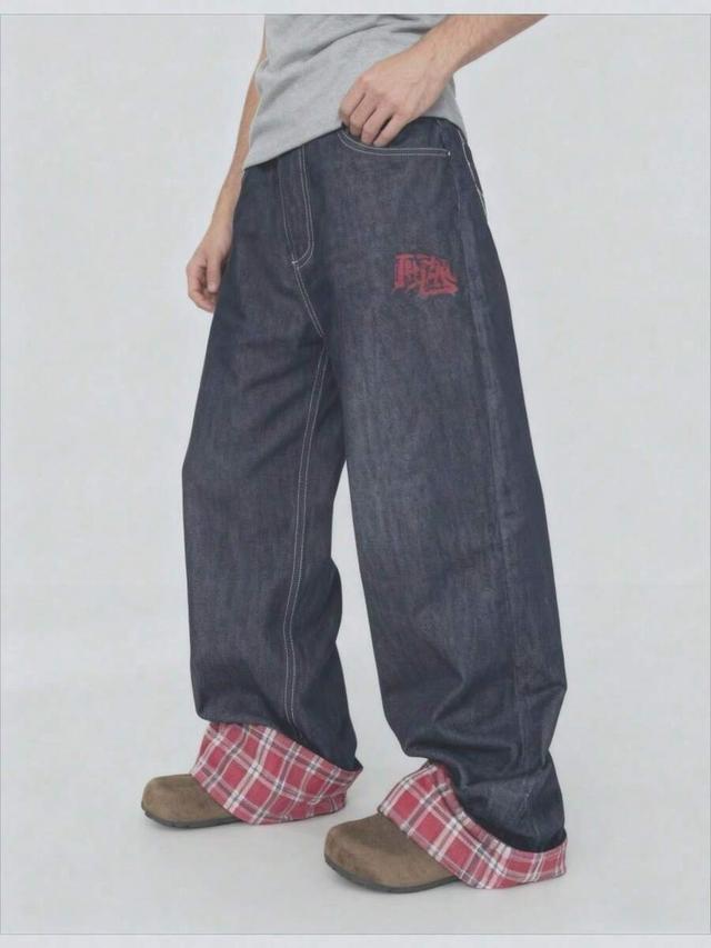 american retro plaid patchwork wide leg denim jeans