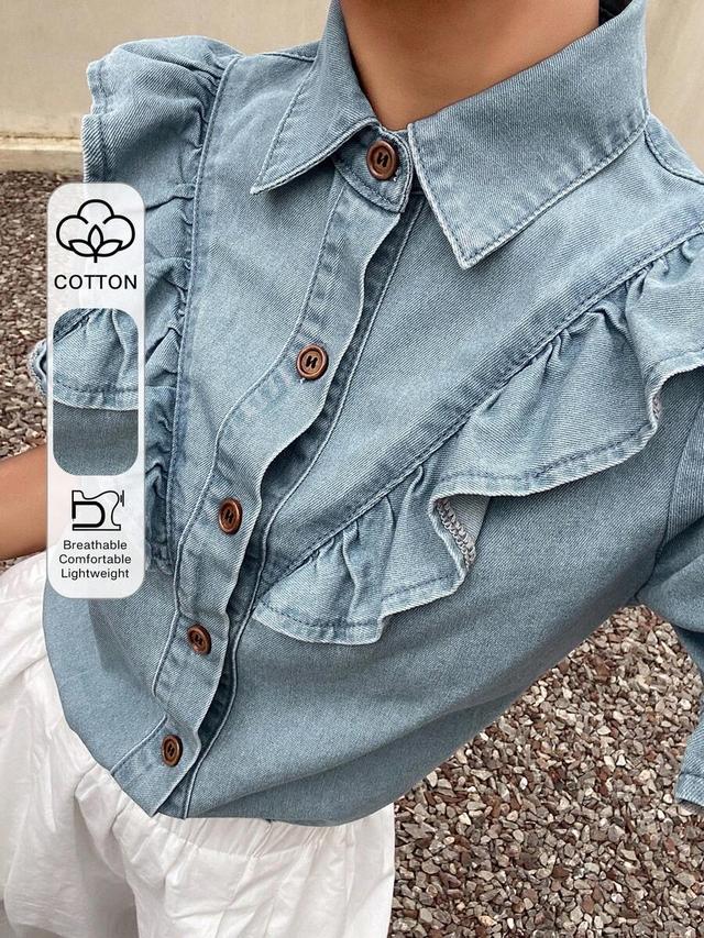 light wash denim ruffle collar button up shirt