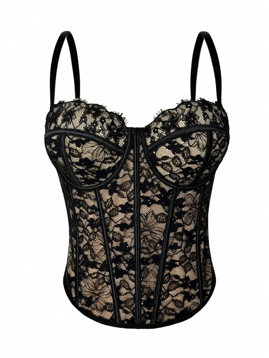 women's black lace floral trim bustier corset shapewear