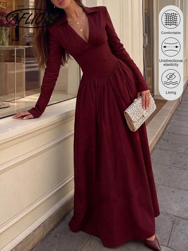 burgundy v-neck button-up long sleeve shirt dress