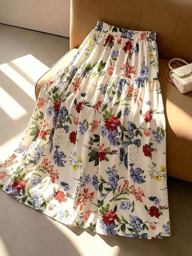floral print elastic waist patchwork flared long skirt