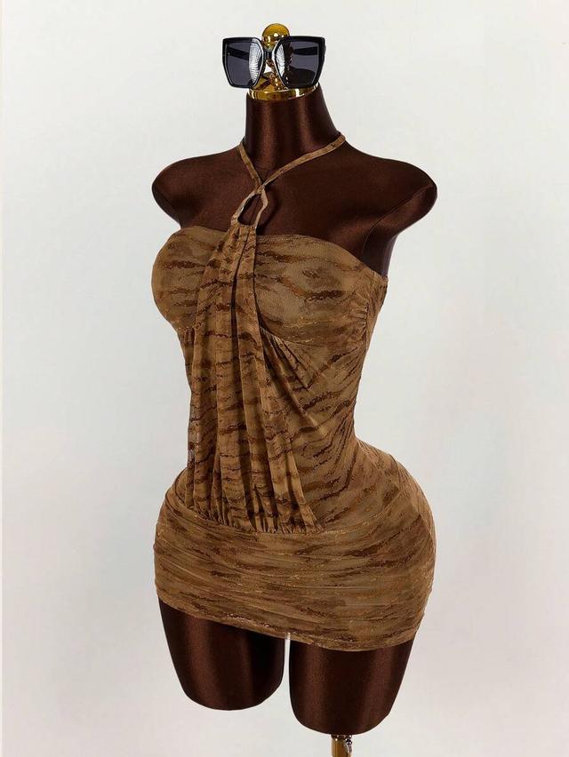 brown animal print halter neck ruched mini dress