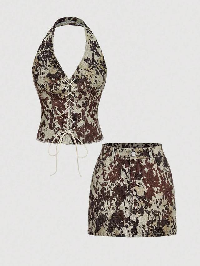 denim cow print lace-up halter and mini skirt set