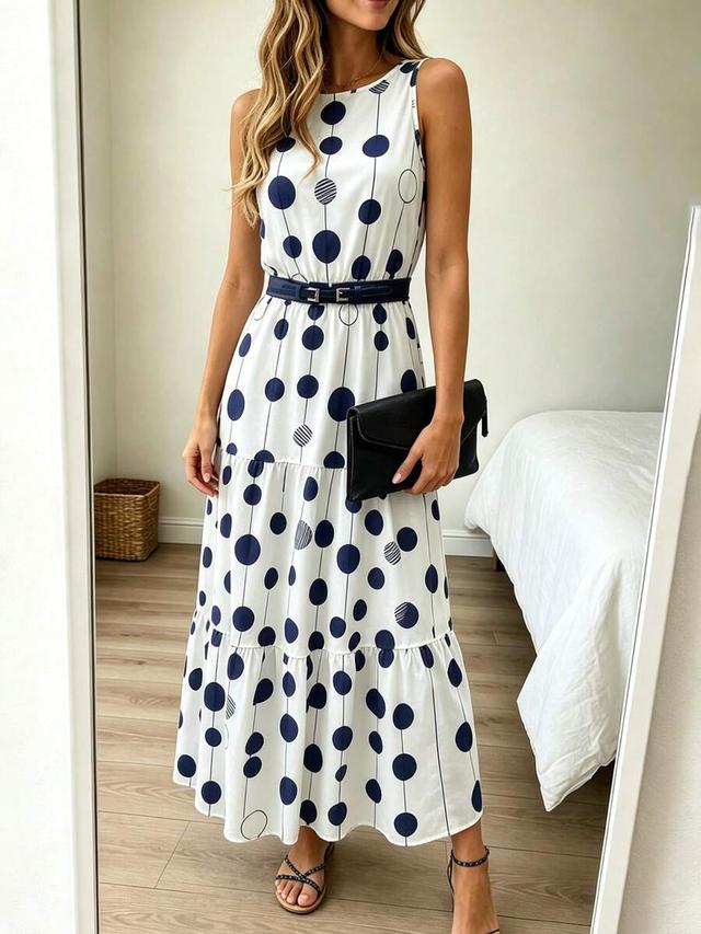 sleeveless polka dot print tiered a-line dress