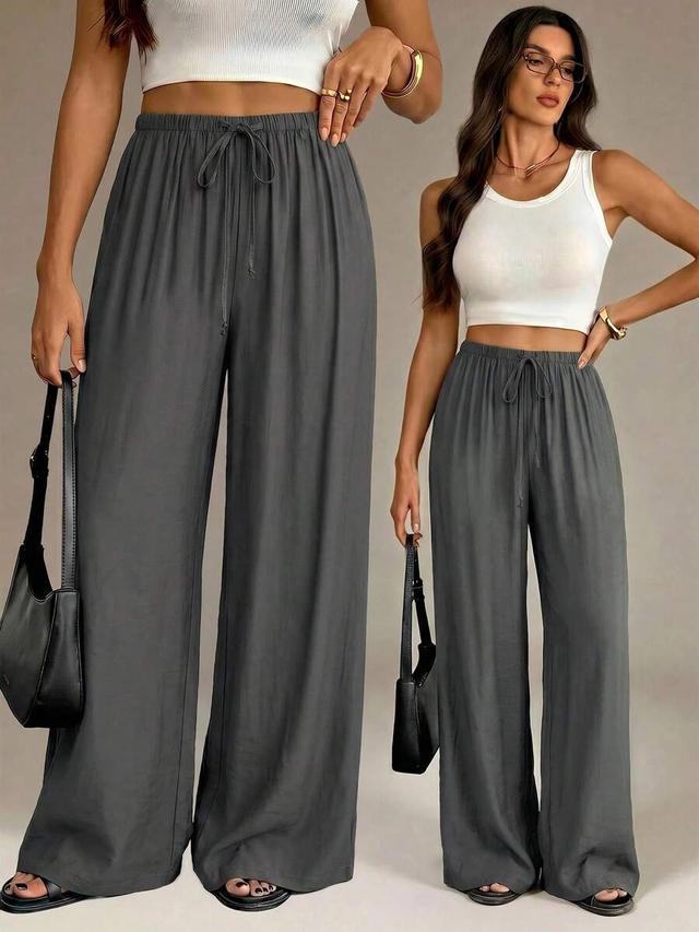 grey high-waisted wide leg drawstring trousers