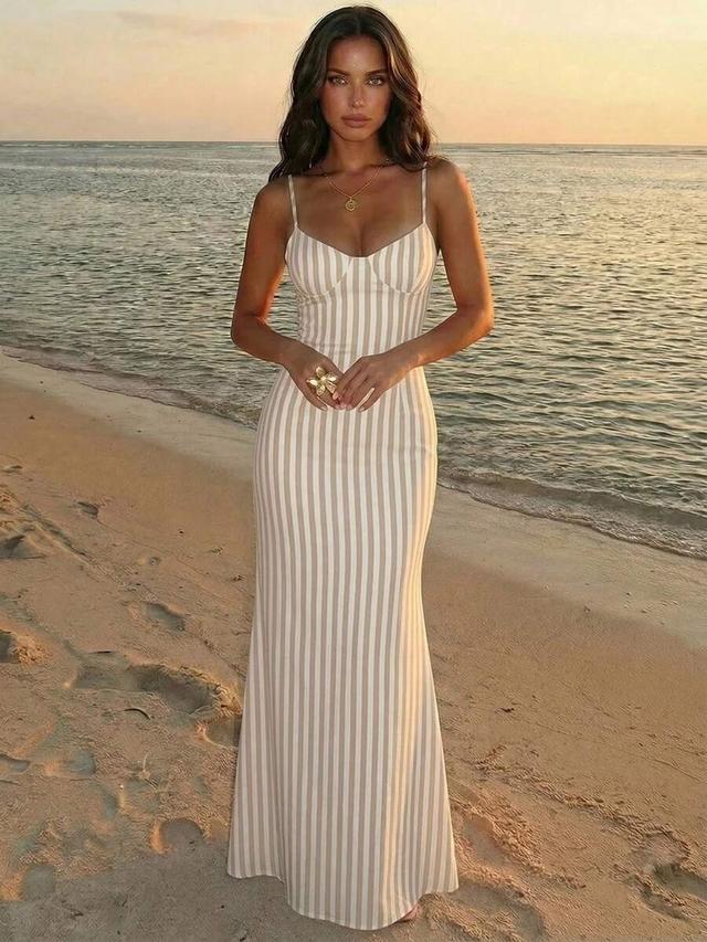 striped beige and white maxi slip dress