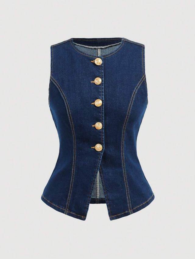 sleeveless dark wash denim button-up peplum top