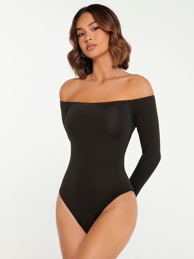 solid black off shoulder long sleeve bodysuit