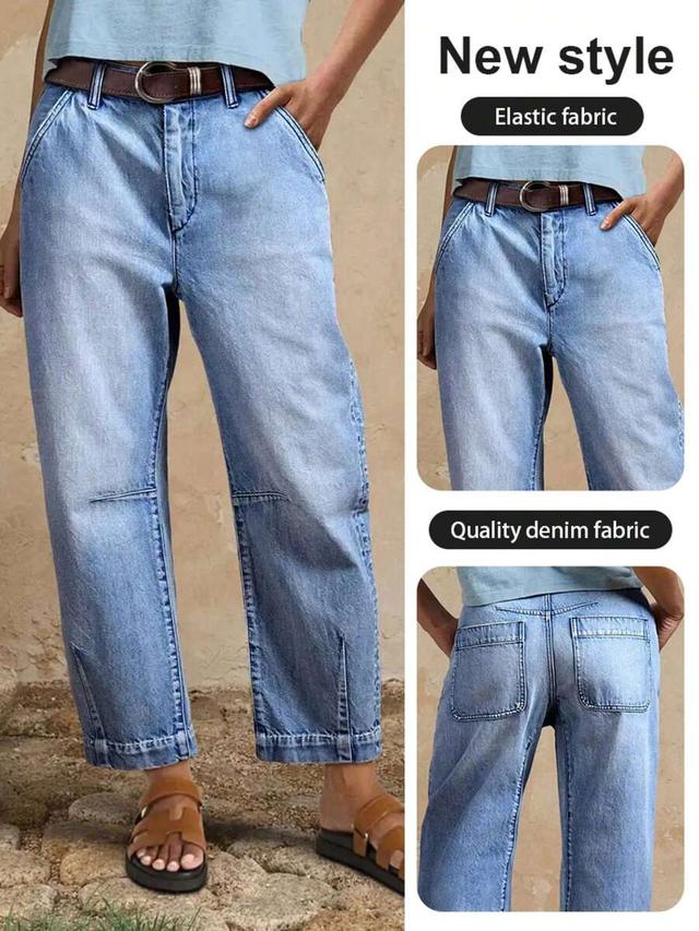women's casual light wash pleated cropped denim jeans