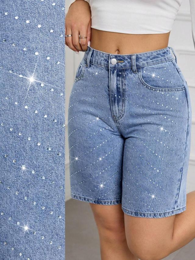 rhinestone embellished light wash denim shorts