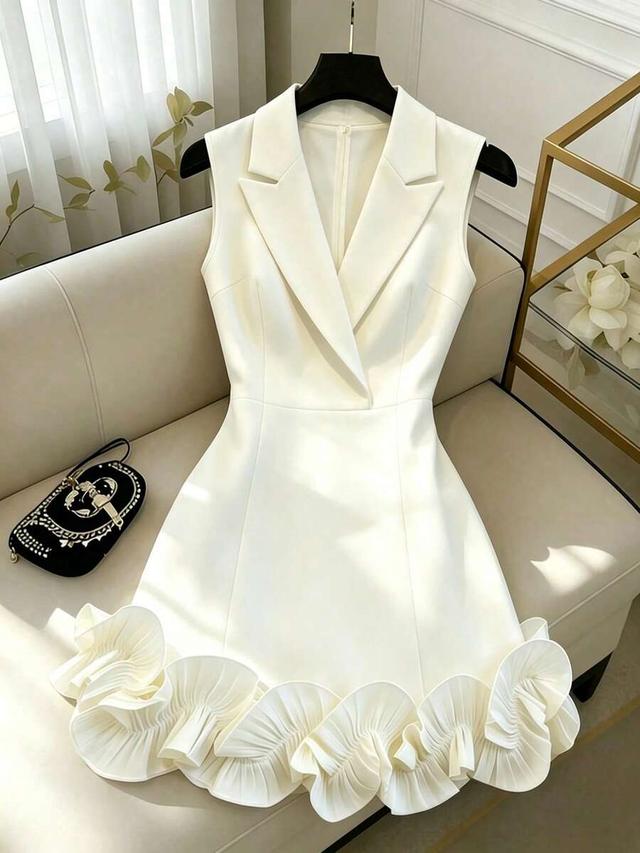 white sleeveless lapel collar dress with ruffle hem