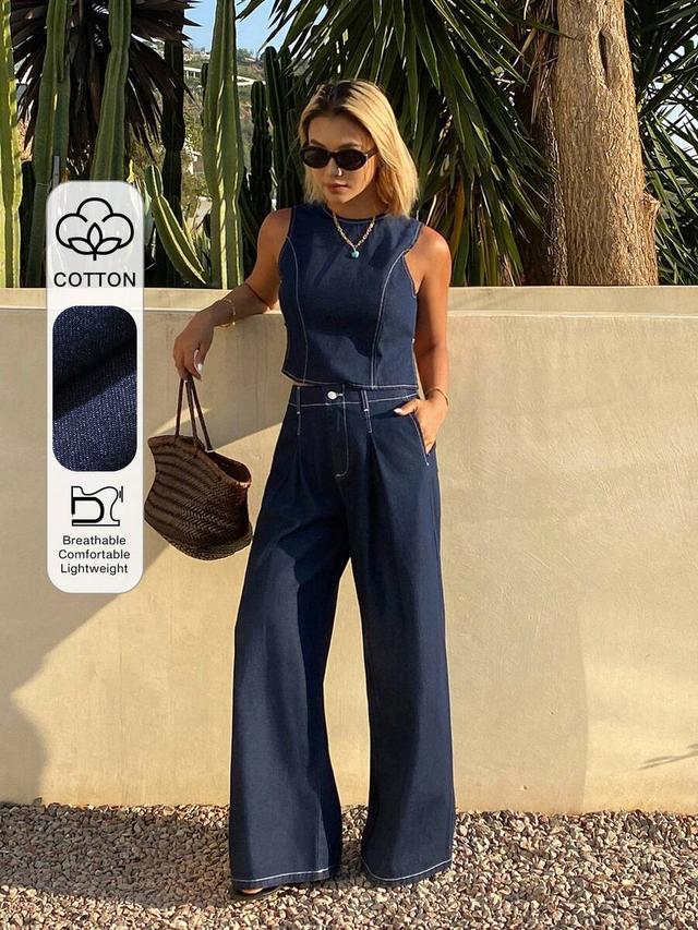 dark denim sleeveless top with matching wide-leg trousers