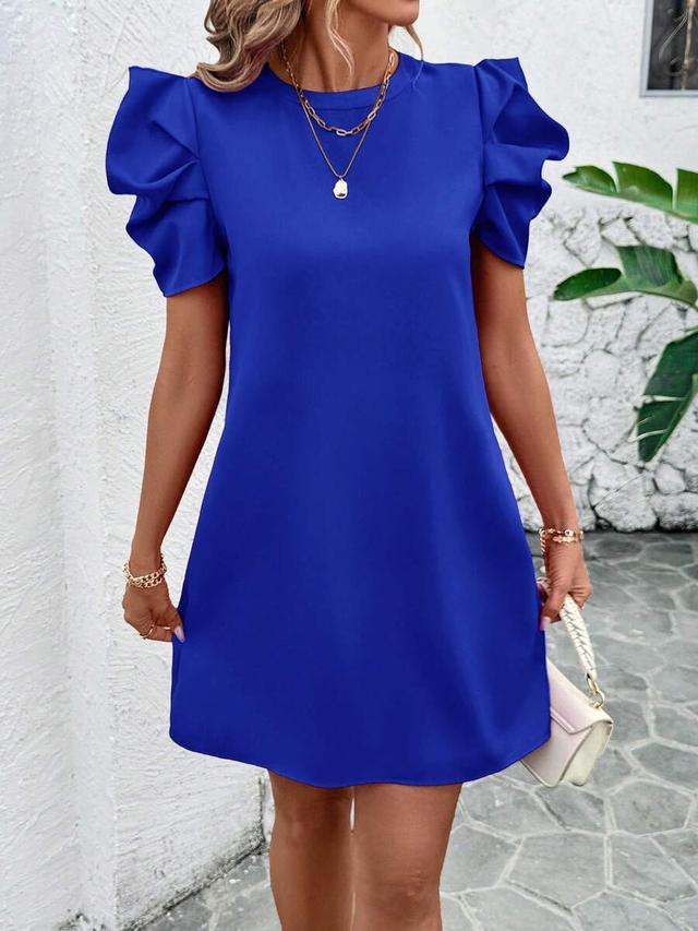solid blue round neck short puff sleeve dress