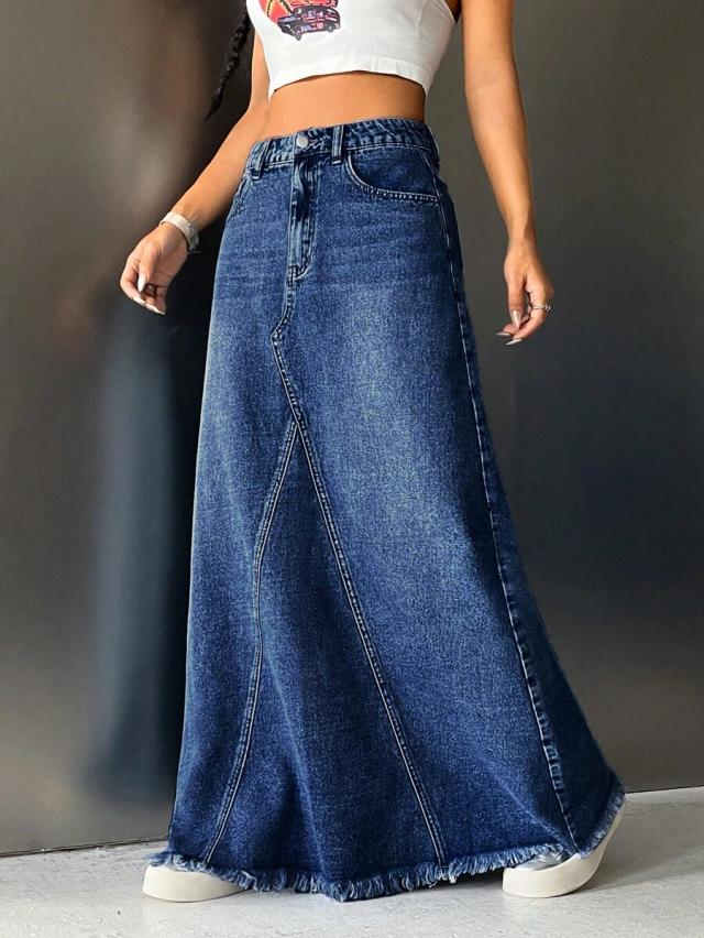 blue denim maxi skirt with frayed hem