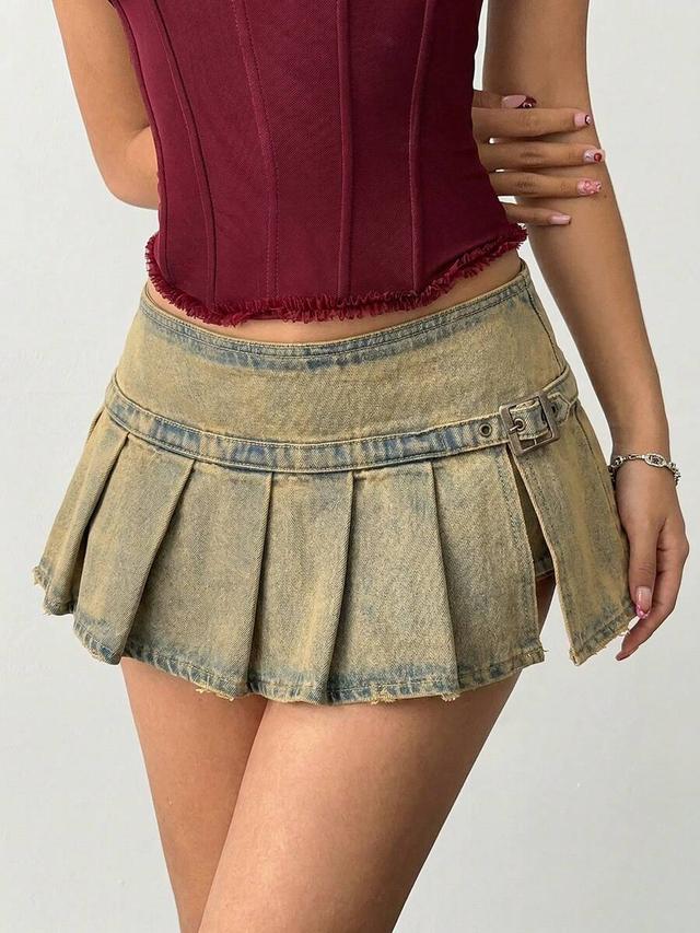 low waist pleated denim mini skirt