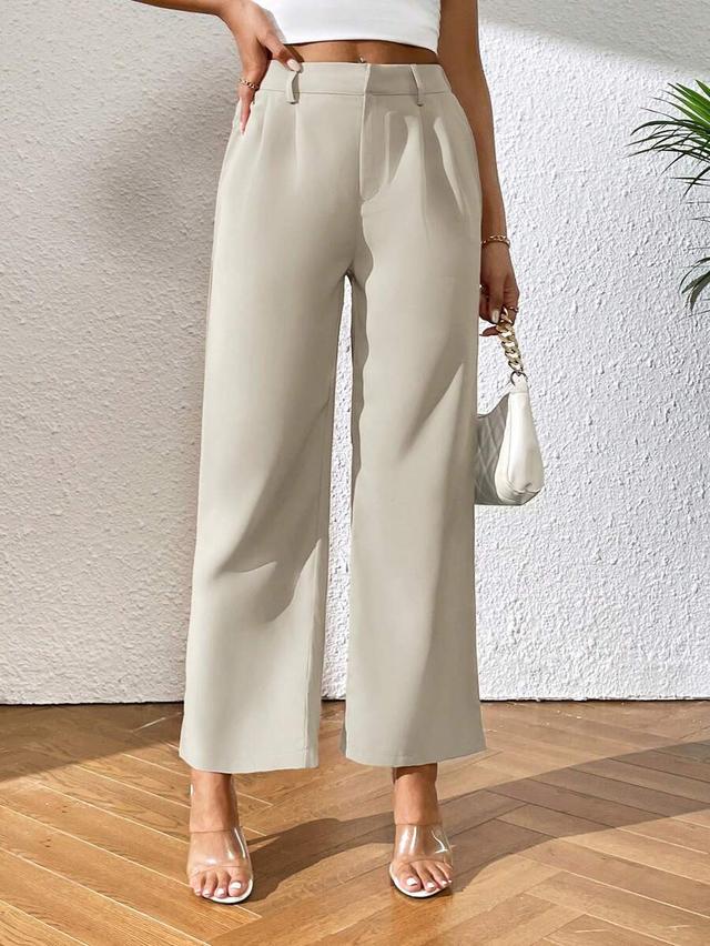 Solid Color Beige Straight-Leg Trousers