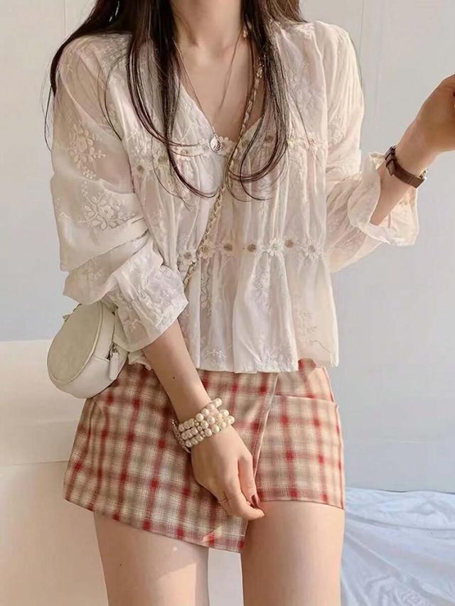 women's white embroidered semi-sheer woven shirt