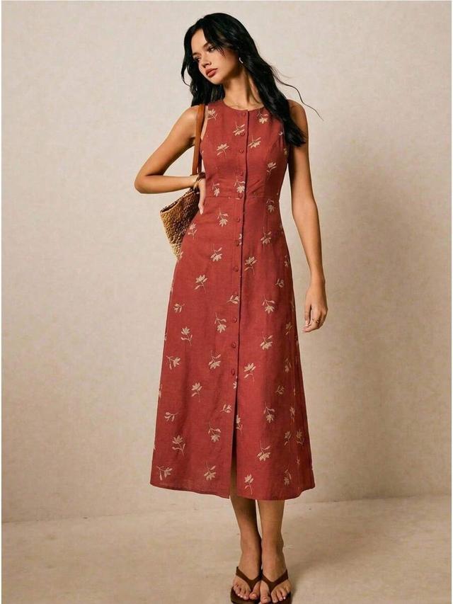 rust floral embroidered linen midi button down dress
