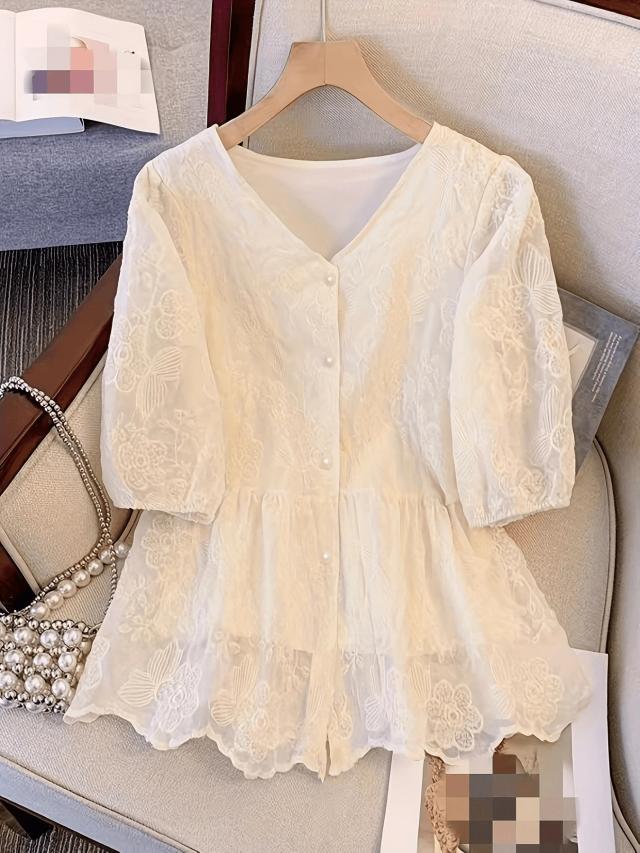 ivory floral lace embroidery v-neck ruffle blouse