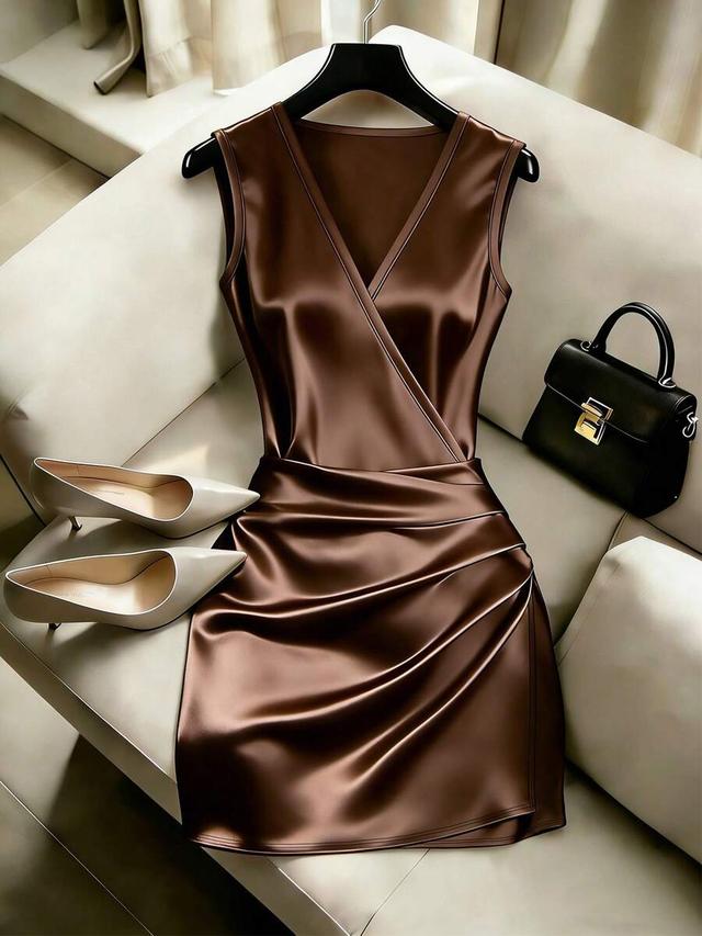 coffee brown satin crossover v-neck pleated bodycon dress