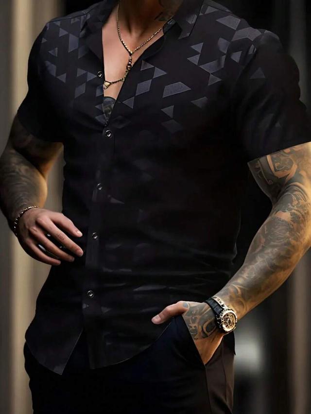 men's geometric print short sleeve shirt in black