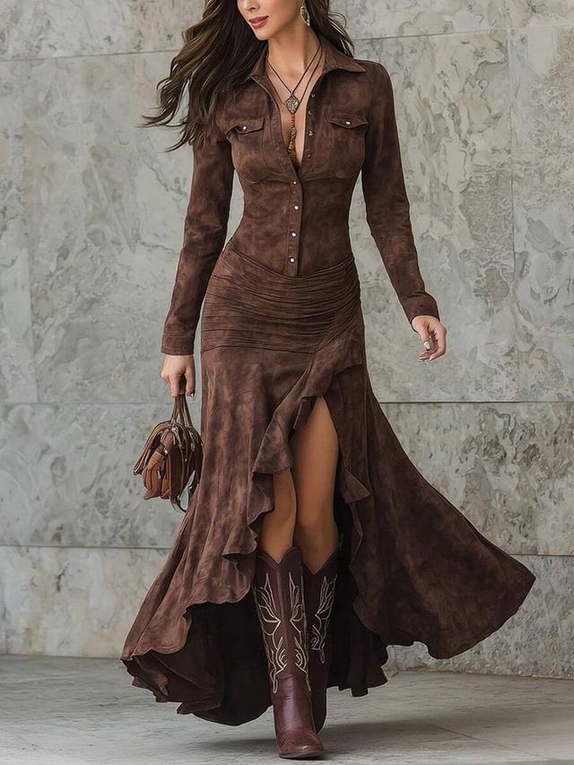 brown faux suede western style shirt dress