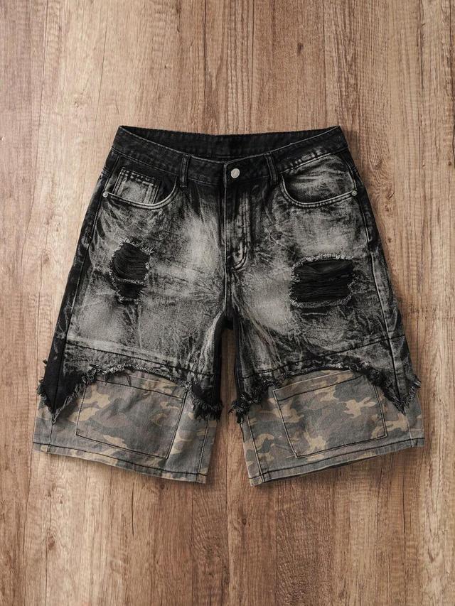 distressed camouflage print denim bermuda shorts