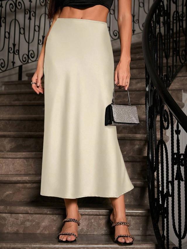 glamine women's beige satin mermaid hem midi skirt
