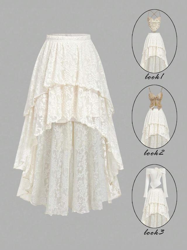 vintage floral lace high-low layered white skirt