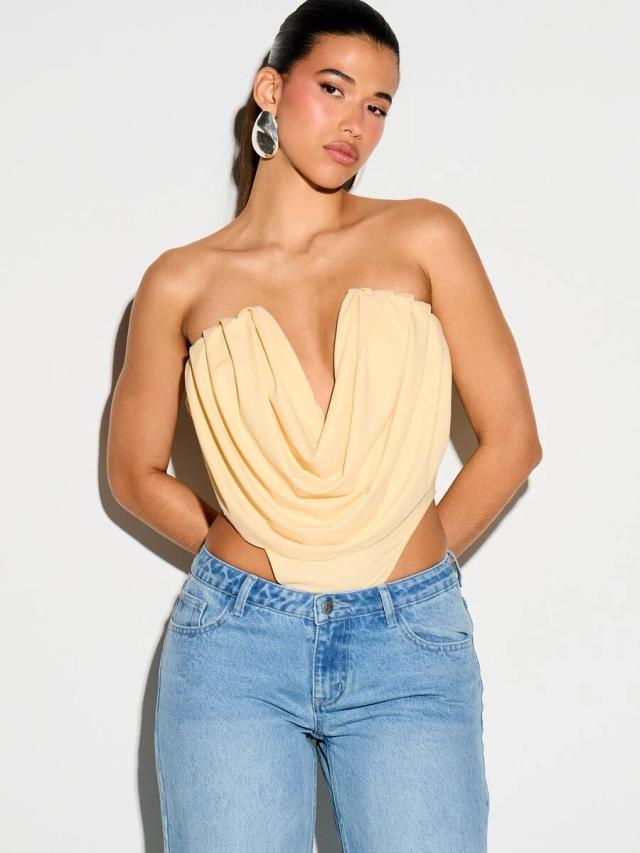 strapless plunge cowl neck draped bodysuit