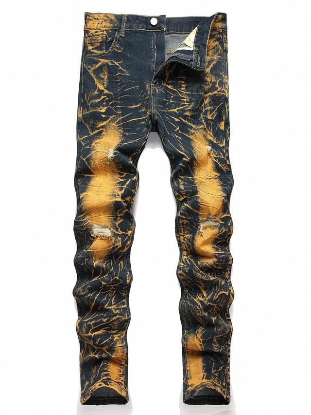 men's slim fit distressed yellow and black denim jeans
