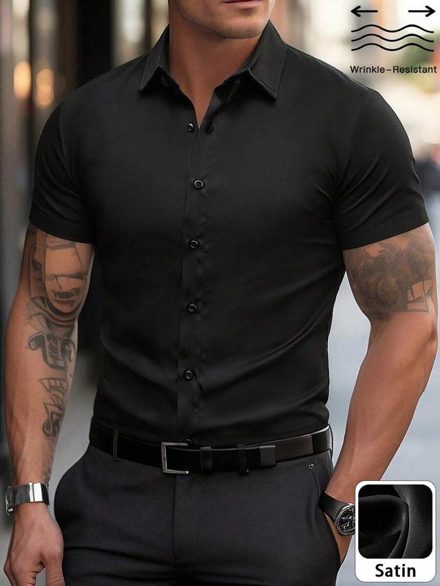 luxurious black satin short sleeve button down shirt