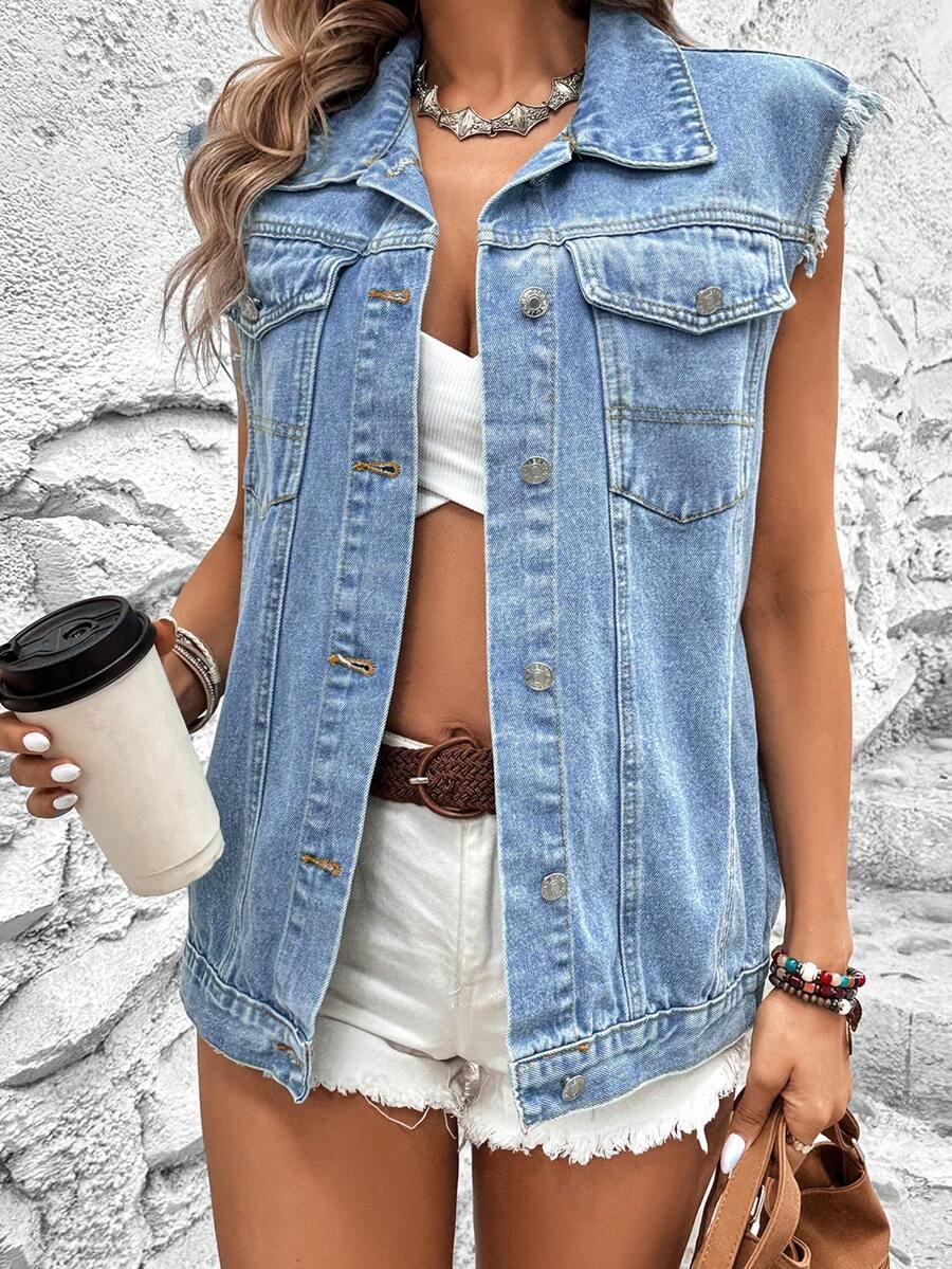light wash denim sleeveless vest with frayed edges