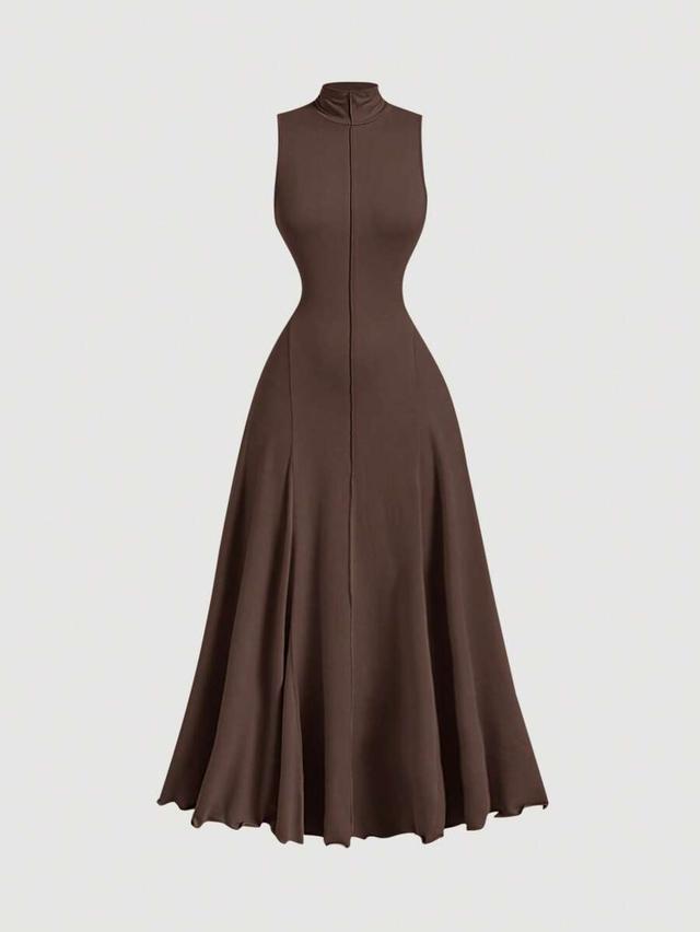 shein mod brown stand collar sleeveless minimalist long dress